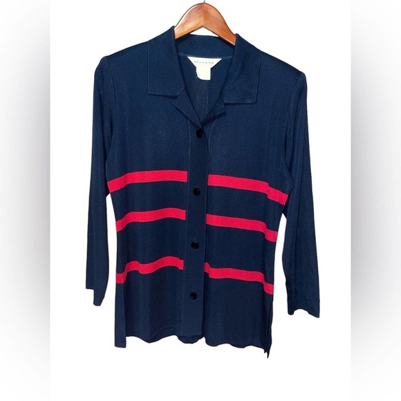Exclusively Misook Jacket Black Knit Red Striped Button Up Cardigan Small - Picture 1 of 4